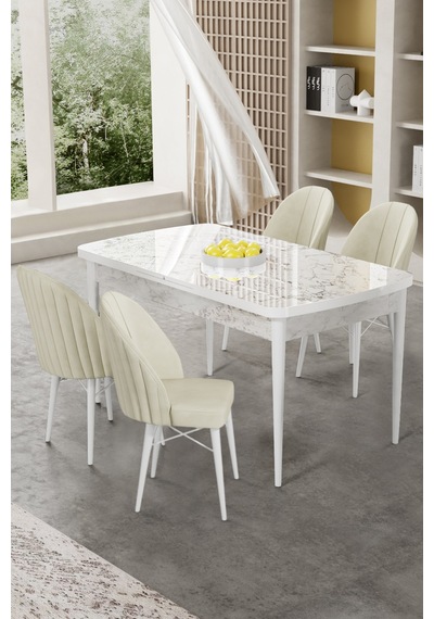 Canisa Gale Serisi 80x132 Açılabilir Lak Panel Beyaz Mermer Desen Mutfak Masa Takımı 4 Krem Sandalye Masa Beyaz Mermer Desenli Sandalyeler Krem