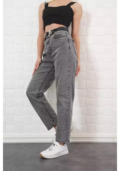 Ckm Moda Jagged Yüksek Kalita Kadın Deri Kemerli Pantolon Gri