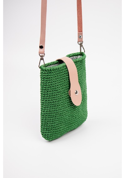 Fabric Craft Bag Çapraz Askılı Kadın Omuz Çantası Floş İplik Örgü Küçük Çanta Yeşil - Pembe