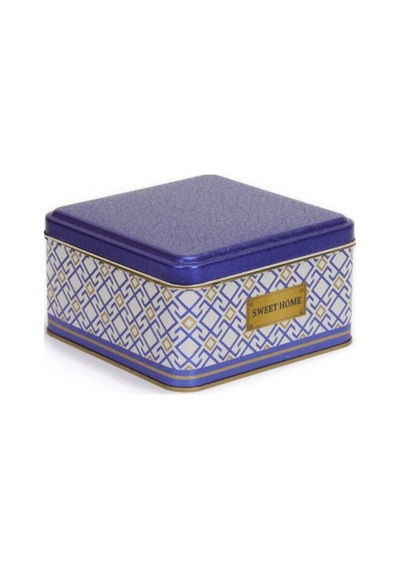 Evle Swt Home Desenli Kare Metal Saklama Kabı Beyaz - Mavi 1.9 L 15.8 x 15.8 x 8 CM Beyaz - Mavi