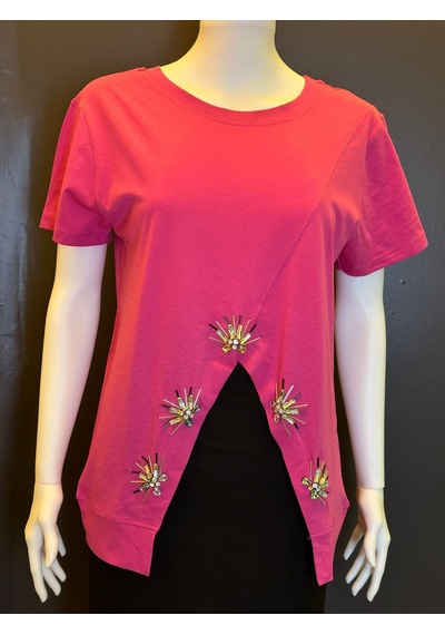 Taş İşleme Pembe Ön Detaylı %100 Pamuk Kadın T-shirt Renkli