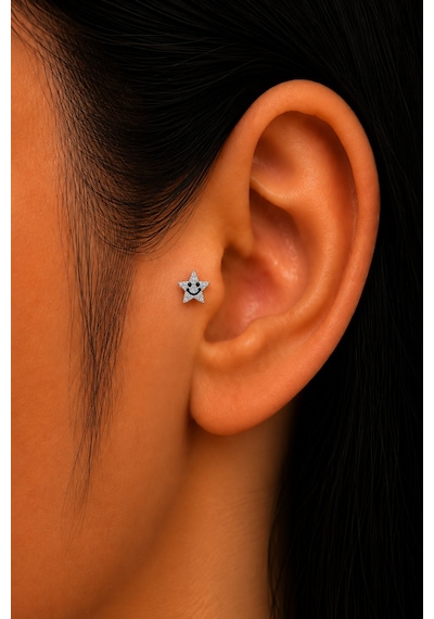 Sertifikalı 316l Çelik Gülen Yüzlü Taşlı Yıldız Figürlü Premium Gümüş Renk Tragus Ve Helix Piercing Altın