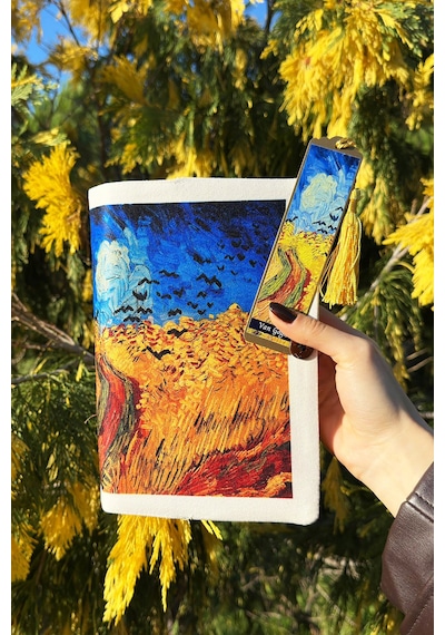 Kitap Kılıfı Ve Metal Kitap Ayracı Seti Van Gogh Buğday Tarlası Ve Kargalar