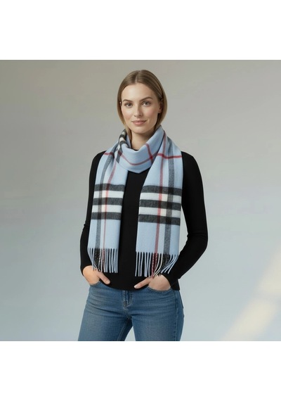 Klasik Ekose Püsküllü Kadın Atkı & Şal 50x190 Cm Mavi