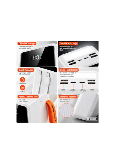 50000 Mah 22.5w Hızlı Şarj Powerbank 4 Usb Çıkışlı Dahili Kablolu Led Işıklı Dijital Göstergeli- Re-ck085 Diğer