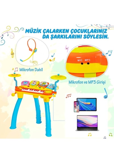Çocuk Piyano Davul Seti Mikrofonlu - Işıklı Sesli, Tabureli 24 Tuşlu Eğitici Müzik Aleti Oyuncağı