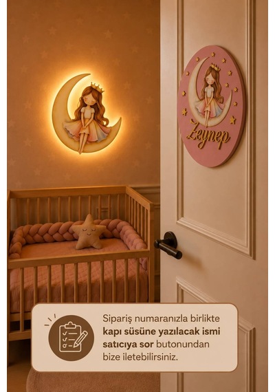 Ahşap Prensesli Bebek Odası Gece Lambası Ve Ahşap Hoş Geldin Kapı Süsü Seti Pembe