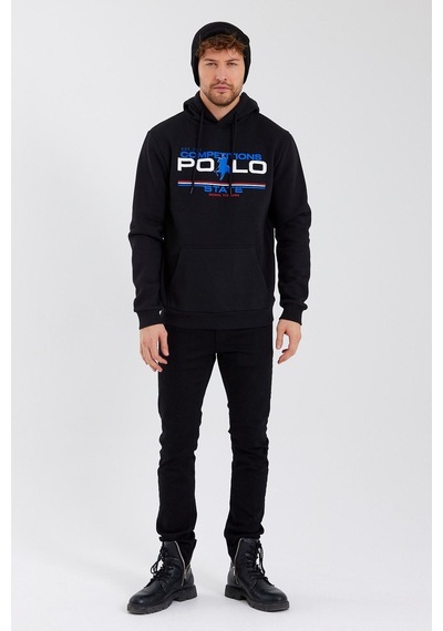 Polostate Erkek Kapüşonlu Baskılı 3 İplik Sweatshirt Siyah