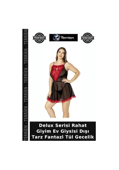 Terrien Delux Serisi Rahat Giyim Ev Giysisi Dışı Tarz Fantazi Tül Gecelik Siyah