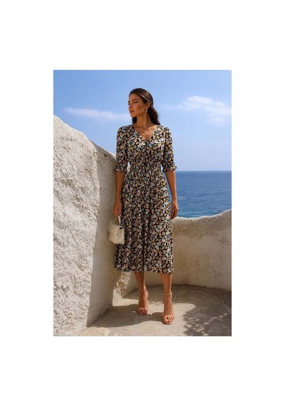 Store V Yaka Elbise Kollu Kısa Midi Gipe Detaylı Çok Renkli - 935905769 Çok Renkli