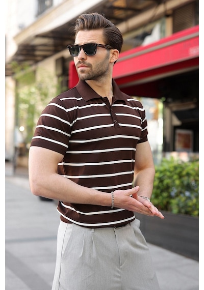 Madmext Acı Kahverengi Çizgili Polo Yaka Triko Erkek T-shirt E7405