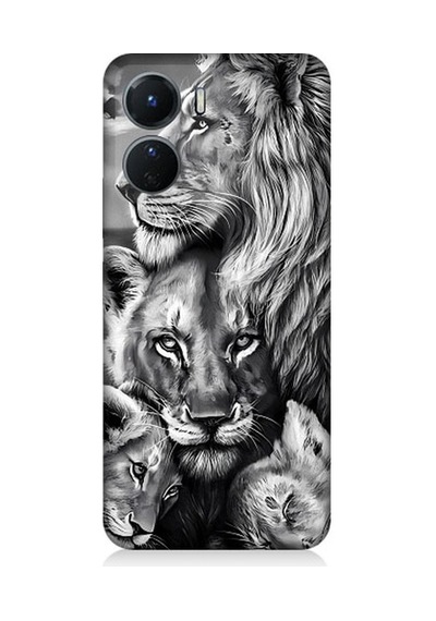 Vivo V16 Uyumlu Siyah Beyaz Aslan Ailesi Desenli Silikon Kılıf
