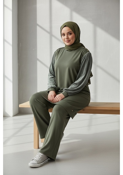 Ece Giyim Kadın Kol Dijital Desenli Tunik Altı Bantlı Pantolon Beli Lastikli Büyük Beden İpek Cupra Takım Haki Ece Giyim Kadın Kol Dijital Desenli Tunik Altı Bantlı Pantolon Beli Lastikli Büyük Beden İpek Cupra Takım Haki