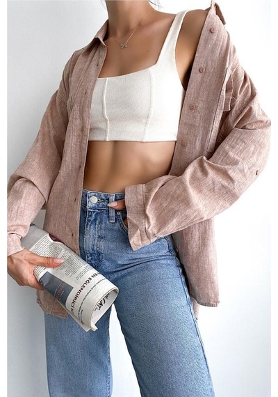 Femelle Kadın Çift Cepli Düşük Omuz Oversize Boyfriend Salaş Kalıp Keten Basic Gömlek kahverengi Femelle Kadın Çift Cepli Düşük Omuz Oversize Boyfriend Salaş Kalıp Keten Basic Gömlek kahverengi