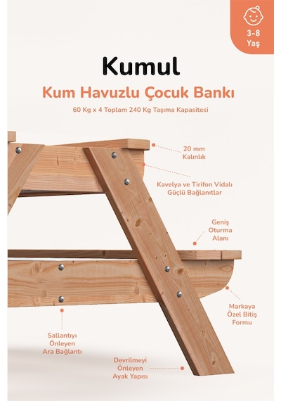 Ovlo Çocuk Kum Havuzlu Etkinlik Masası Kapaklı 3-8 Yaş 4 Kişilik Kumul Naturel