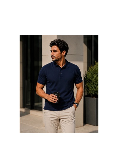 Luxıc Core Erkek Polo Yaka Lacivert Tişört Likralı Pike Kumaş Terletmez Slim Fit Günlük Şık Tasarım