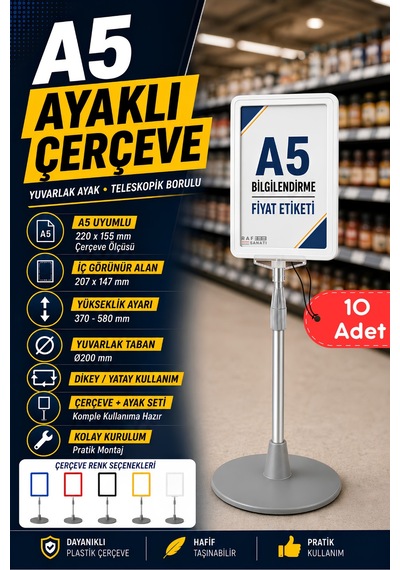 10 Adet - A5 Ayaklı Menü Ve Fiyat Bilgi Standı Yuvarlak Tabanlı Teleskopik Çerçeve Etiketlik Beyaz