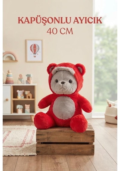 Kapşonlu Sevimli Kırmızı Ayıcık 40 Cm Sevimli Konforlu: Peluş Uyku Yastığı Ve Sarılma Arkadaşı Dekoratif Oyuncak
