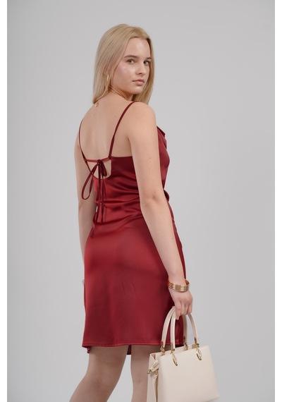Mayrem Kadın Degaje Yaka Saten Midi Elbise Bordo