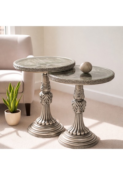 Timsah Figürlü Polyester Döküm Sehpa İkili Set Gümüş Antik Gümüş