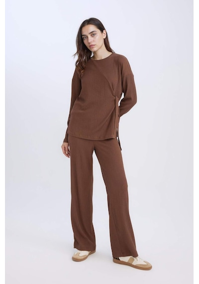 Defacto Bürümcük Pantolon Wide Leg Geniş Bol Paça Esnek Belli C0200AX24AUBN316 Kahve