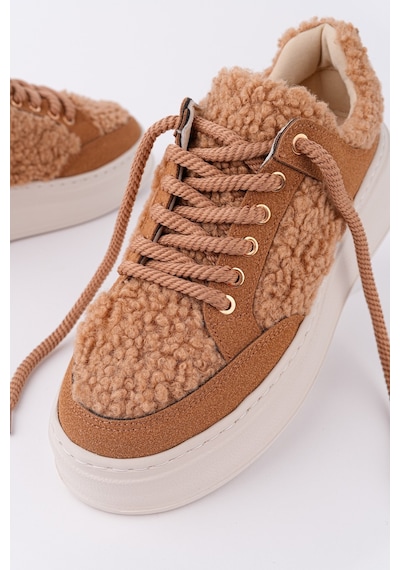 Muggo Fleecy Kalın Taban Bağcıklı Peluş Detaylı Kadın Kışlık Sneaker Spor Ayakkabı Taba