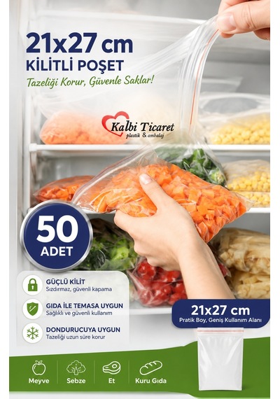Kilitli Torba 21x27 Cm 50'li Kilitli Buzdolabı Poşeti Şeffaf Naylon Torba Kilitli Saklama Poşeti