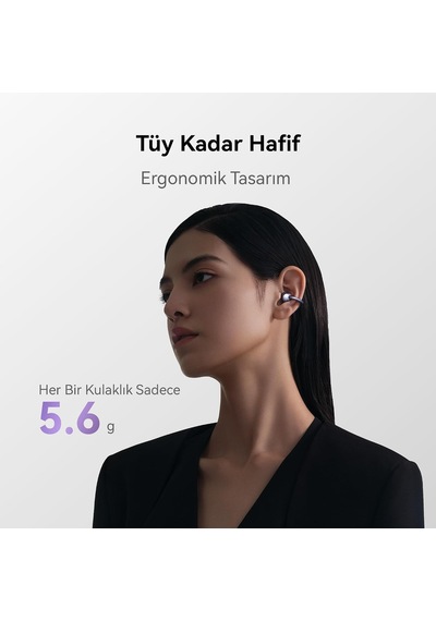 Freeclip, Estetik Tasarım, Tüy Kadar Hafif, Açık Kulak Tasarımı, Yapay Zeka Destekli Kristal Netliğinde Arama, Uzun Pil Ömrü, Çift Cihaz Bağlantısı,siyah