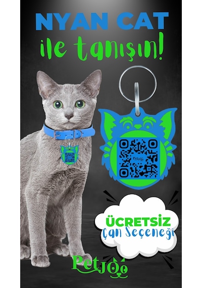 Petjoo 2.Nyan Cat Yeşil-Mavi Qr'lı Kedi Künyesi