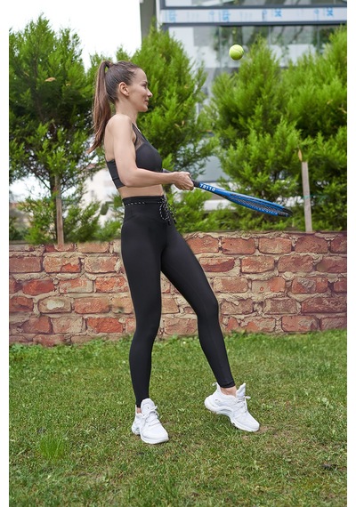Lismina Siyah İp Kuşaklı Ekstra Yüksek Bel Toparlayıcı Spor Tayt Siyah