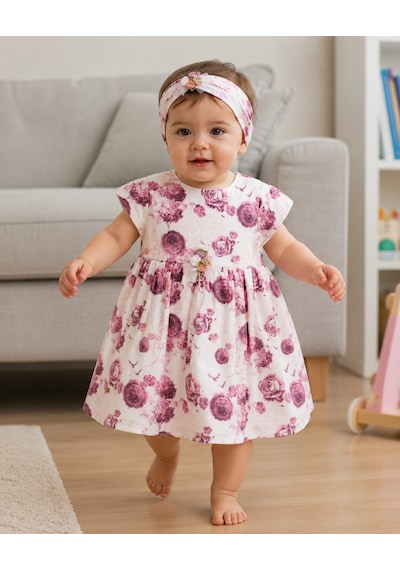 Babyhola Kız Bebek Çiçek Desenli Elbise Külot Ve Saç Bandı 3 Lü Takım Özel Gün & Doğum Günü Elbisesi Göründüğü Gibi