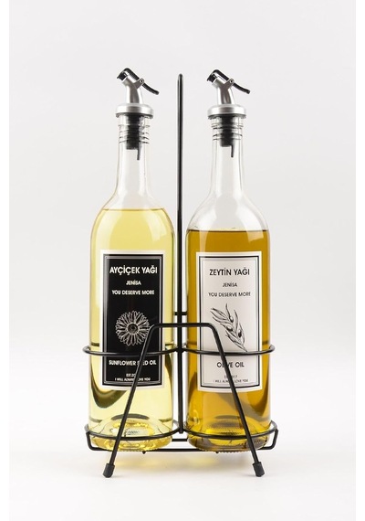 2'li 750 Ml Zeytinyağı Sıvıyağ Şişesi Cam Yağdanlık Siyah Stantlı Akıtıcılı Yağlık 750ml Diğer