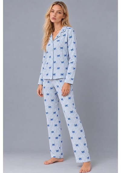 Kadın Gömlek Yaka Desenli Mavi Pijama Takımı 4816