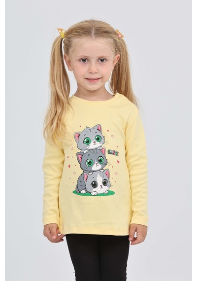 Toontoy Kız Çocuk Üçlü Kedi Baskılı Sweatshirt Açık Sarı