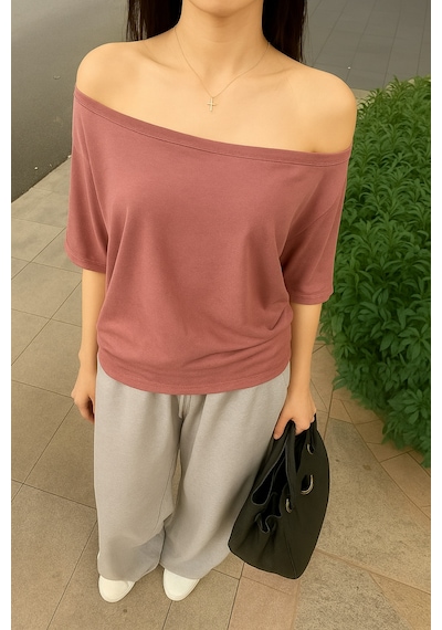 Pudra Kadın Düşük Omuz Kayık Yaka Oversize T-shirt Pudra