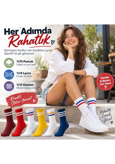 Biçomi Unisex Renkli Çorap Çizgili 12'li Set Uzun Soket Günlük Spor Kolej Stil Rahat Şık Kadın Erkek Çorabı Çok Renkli