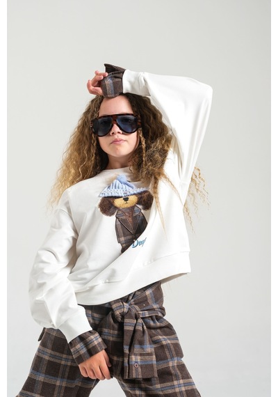 Loco Loco Ekru Şapkalı Köpek Baskılı Çocuk Sweatshirt