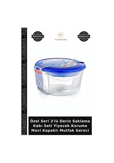 Özel Seri 3'lü Derin Saklama Kabı Seti Yiyecek Koruma Mavi Kapaklı Mutfak Gereci Çok Renkli