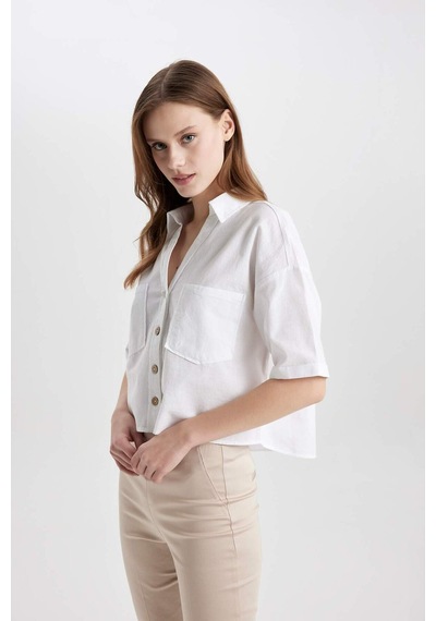 DeFacto Boxy Fit Keten Karışımlı Kısa Kollu Gömlek V2523AZ24SMWT34