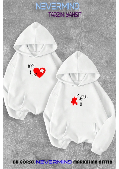 Nevermind Sevgili Çift Kombini Me&you Puzzle Baskılı Kapüşonlu Sweatshirt 2 Beyaz