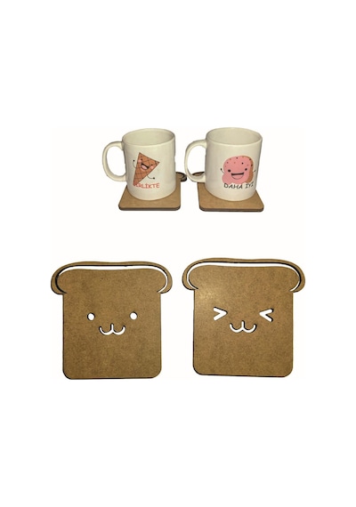 Tost Ahşap Bardak Altlığı 2 Lı Set Sevgililere Özel Bardak Altlığ Kahverengi