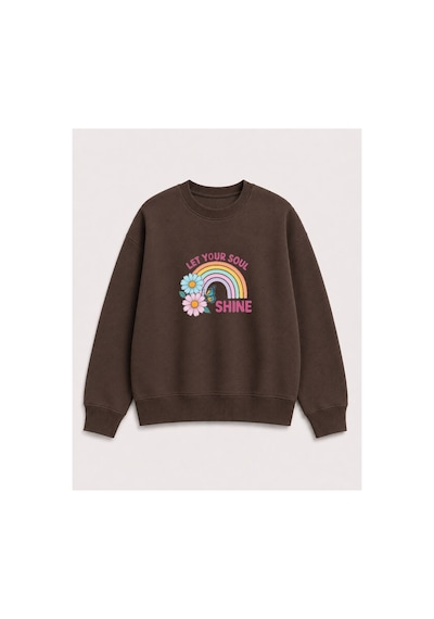 Herkesemoda Gökkuşağı Baskılı 2 İplik Şardonlu Bisiklet Yaka Sweatshirt Kahverengi