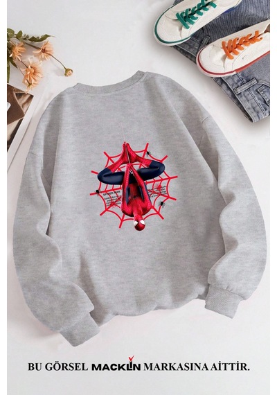 Macklin Unisex Kadın Erkek Marvel Spiderman Ön Ve Arka Tasarım Baskılı Bisiklet Yaka Sweatshirt Gri Mck1349 Gri