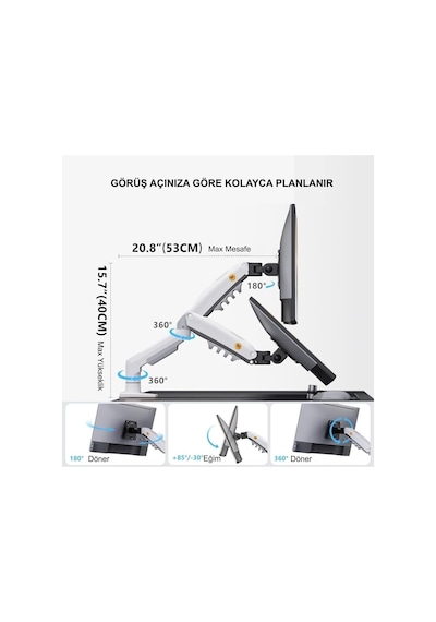 Nb F80-xe Beyaz Ergonomik Monitör Standı 17-30 İnç Amortisörlü Gazlı Yay, 2-9 Kg, Vesa 75x75 / 100x100