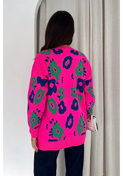 Bisiklet Yaka Uzun Kollu Çiçek Desenli Oversize Triko Kazak Pembe Pembe