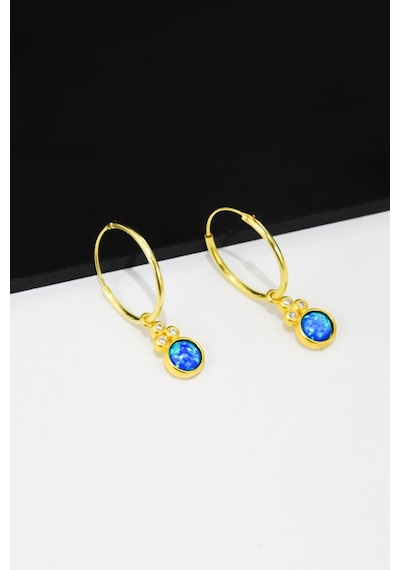 925 Ayar Gümüş Gold Kaplama Mavi Opal Yuvarlak Halka Küpe