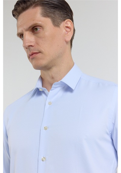 İmza Mavi - Beyaz Kendinden Desenli Sert Yaka Uzun Kol Cepsiz Slim Fit Pamuklu Gömlek 1004255214