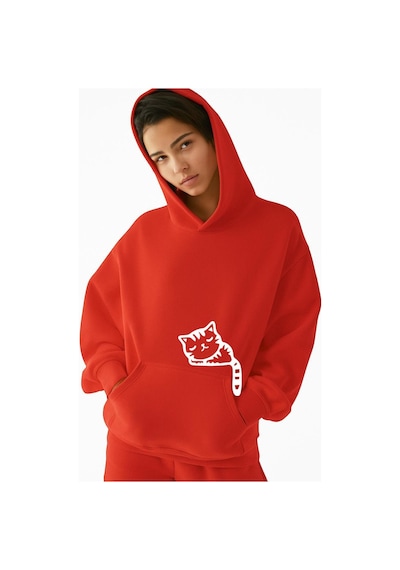 Benroma 3 İplik Penye Kedi Baskılı Ünisex Kapüşonlu Sweat Kırmızı