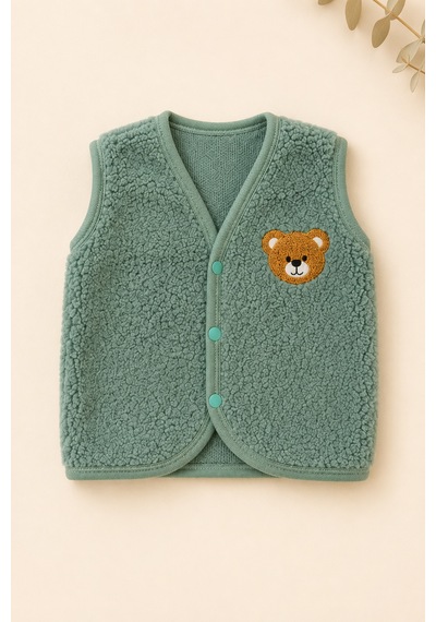 Beniizle Ayıcık Nakışlı Çıtçıtlı Welsoft Unisex 2'li Bebek Yelek Yeşil