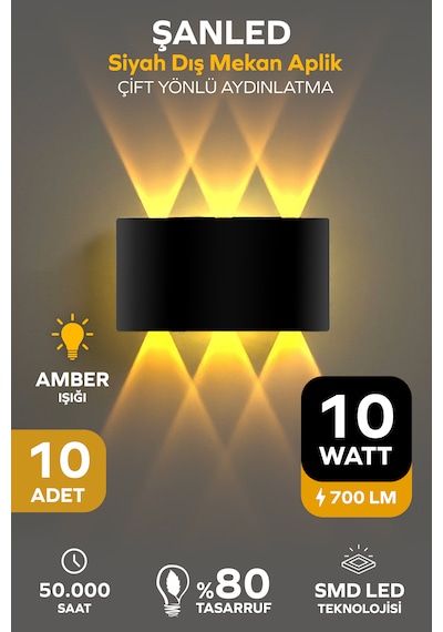 Dekoratif 10w Çift Yönlü Iç-dış Mekan Siyah Kasa Gün Işığı Duvar Aplik-10 Adet Amber Rengi